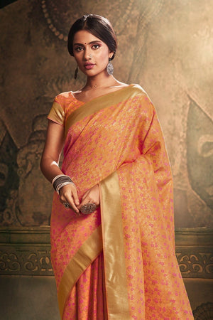 Peach Zari Woven Banarasi Saree