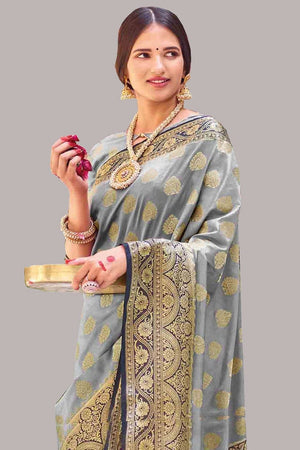 Pearl Grey Zari Butta Woven Banarasi Saree