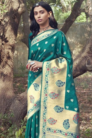 Pine Green Small Butta Woven Banarasi Saree