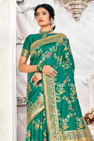 Pine Green Zari Motif Banarasi Saree