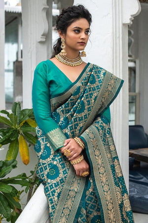 Pine Teal Blue Banarasi Saree