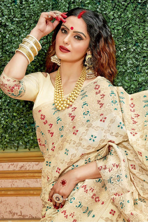 Pretty Cream Banarasi Saree