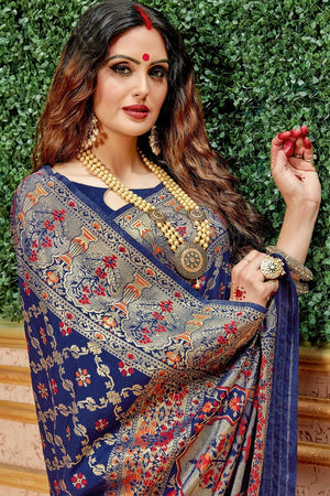 Pretty Midnight Blue Banarasi Saree