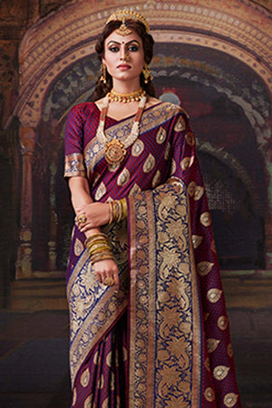 Red Voilet Printed Banarasi Saree