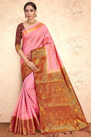 Rose Pink Zari Butta Banarasi Saree
