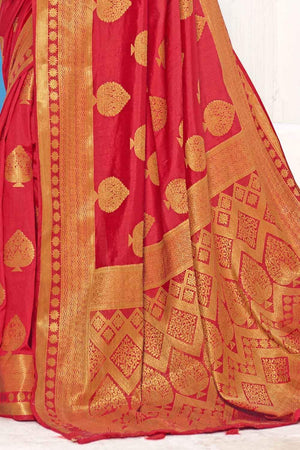 Rose Red Zari Butta Woven Banarasi Saree
