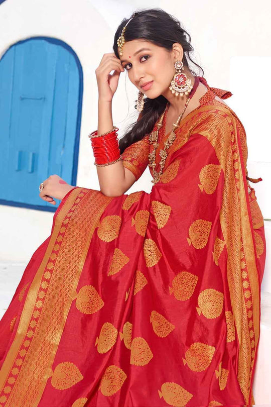 Rose Red Zari Butta Woven Banarasi Saree Rose Red Zari Butta Woven Banarasi Saree