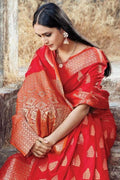 Rose Red Zari Butta Woven Banarasi Saree banarasi silk saree images