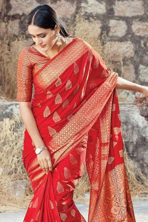 Rose Red Zari Butta Woven Banarasi Saree