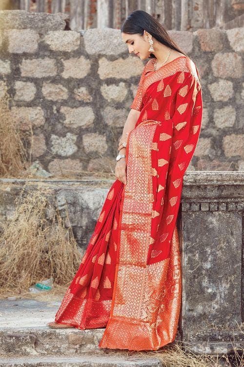 Rose Red Zari Butta Woven Banarasi Saree banarasi saree images