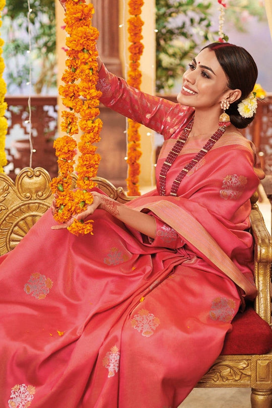 Ruby Red Zari Butta Woven Banarasi Saree Ruby Red Zari Butta Woven Banarasi Saree