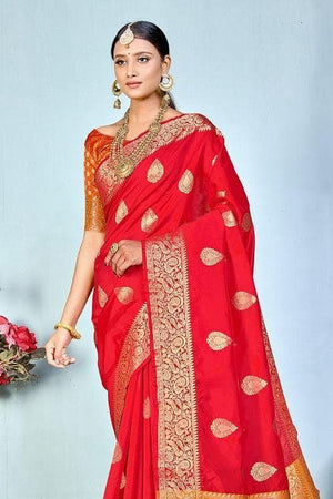 Ruby Red Zari Butta Woven Banarasi Saree