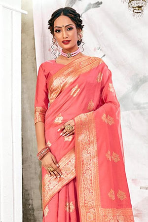 Salmon Pink Zari Motif Banarasi Saree