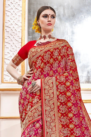 Scarlet Red And Rouge Pink Printed Banarasi Saree