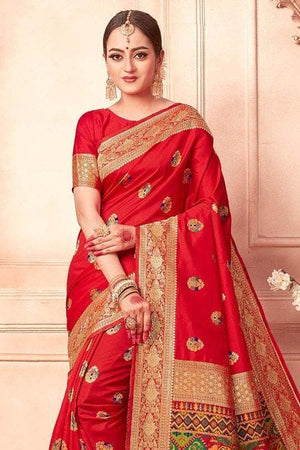 Scarlet Red Banarasi Saree With Meenakari Work