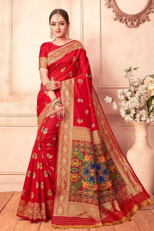 Scarlet Red Banarasi Saree With Meenakari Work Banarasi Saree Scarlet Red Banarasi Saree With Meenakari Work saree online