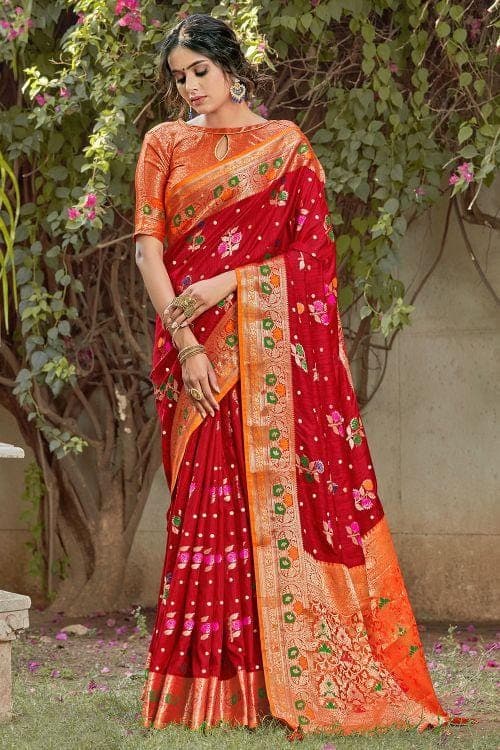 Scarlet Red Floral Zari Woven Banarasi Saree banarasi silk saree images