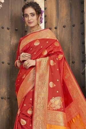 Scarlet Red Heavy Embroidery Banarasi Saree