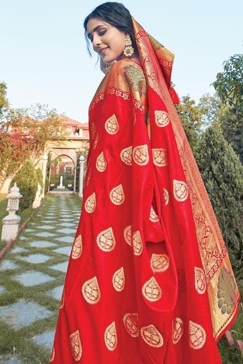 Scarlet Red Leaf Butta Banarasi Saree Scarlet Red Leaf Butta Banarasi Saree