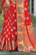 Scarlet Red Leaf Butta Banarasi Saree Scarlet Red Leaf Butta Banarasi Saree