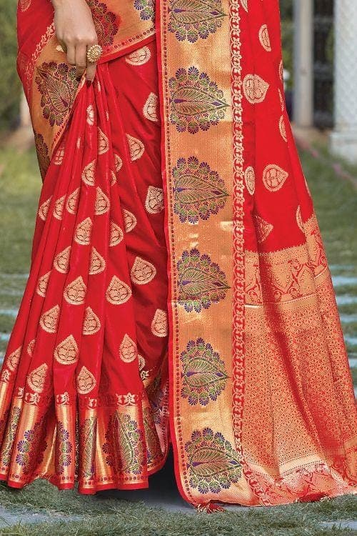 Scarlet Red Leaf Butta Banarasi Saree Scarlet Red Leaf Butta Banarasi Saree