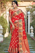Scarlet Red Leaf Butta Banarasi Saree Scarlet Red Leaf Butta Banarasi Saree