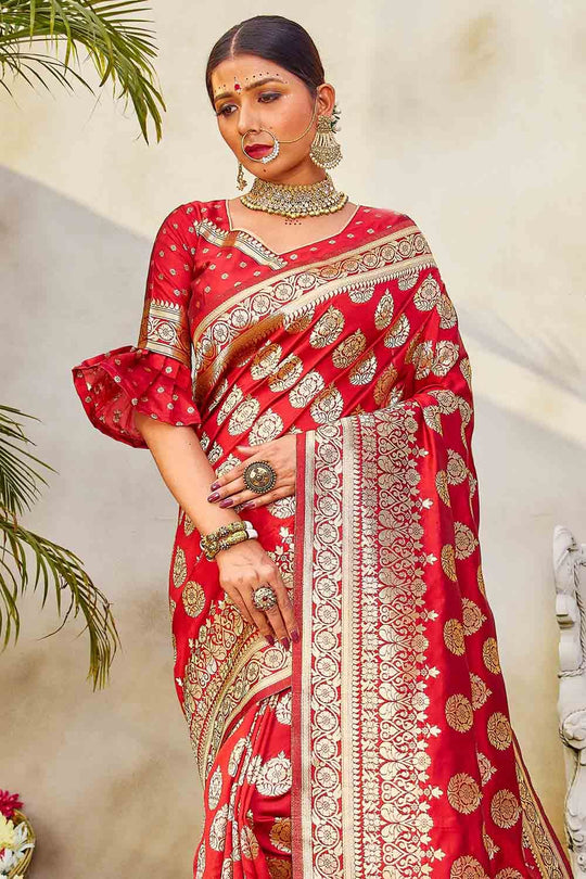 Scarlet Red Zari Butta Woven Banarasi Saree Banarasi Saree Scarlet Red Zari Butta Woven Banarasi Saree saree online