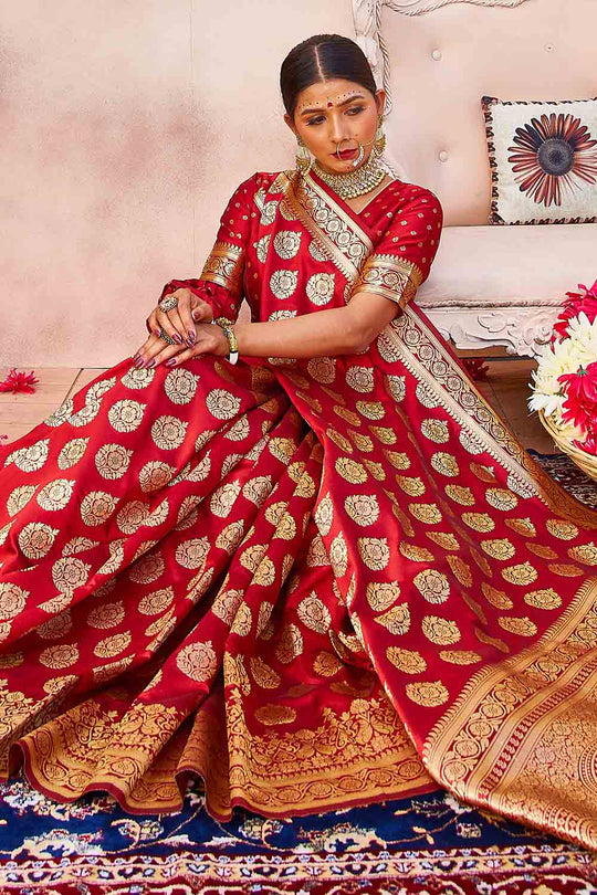 Scarlet Red Zari Butta Woven Banarasi Saree Banarasi Saree Scarlet Red Zari Butta Woven Banarasi Saree saree online
