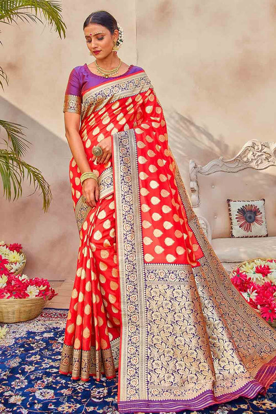 Scarlet Red Zari Butta Woven Banarasi Saree Banarasi Saree Scarlet Red Zari Butta Woven Banarasi Saree saree online
