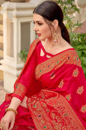 Scarlet Red Zari Woven Banarasi Saree