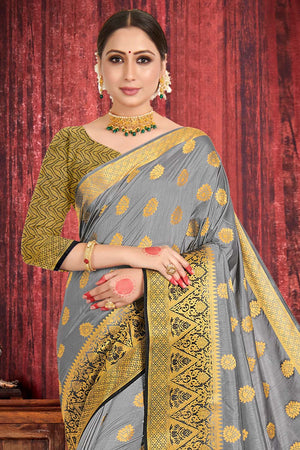 Steel Grey Zari Butta Saree