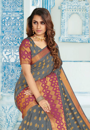 Steel Grey Zari Woven Banarasi Saree
