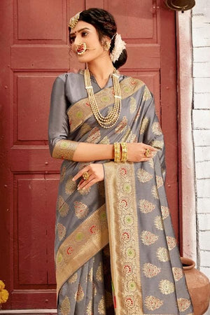 Stone Grey Banarasi Saree