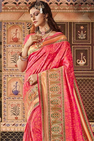 Strawberry Pink Zari Woven Banarasi Saree