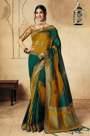 Teal Blue And Green Multi Colour Zari Woven Banarasi Saree