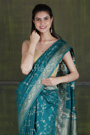 Teal Blue Intricate Jaal Woven Banarasi Saree