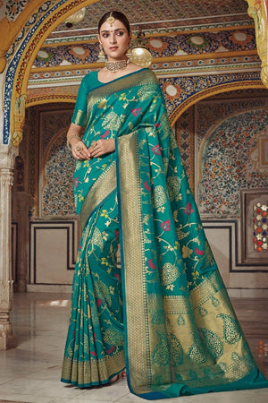 Teal Blue Woven Banarasi Brocade Saree