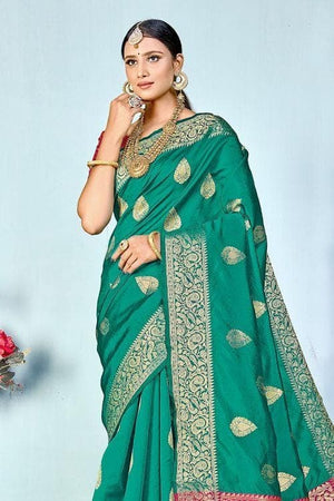 Teal Blue Zari Butta Woven Banarasi Saree