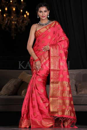 Tomato Red Zari Butta Woven Banarasi Saree