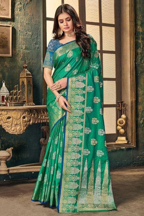 Aqua Green Designer Banarasi Silk Saree for Women – Aqua Green Woven Floral Saree with Blouse