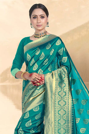 Turkish Blue Printed Banarasi Saree