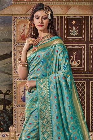 Turkish Blue Zari Woven Banarasi Saree