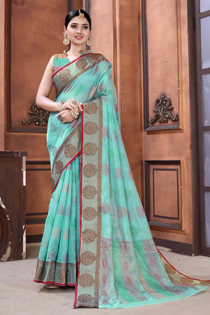 Turquoise Blue Banarasi Saree