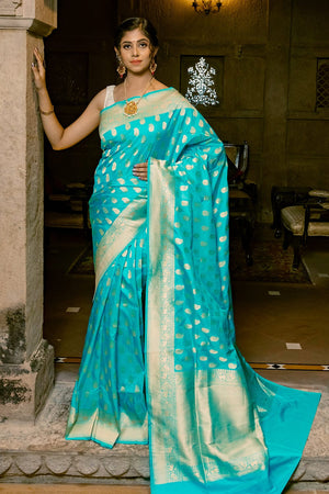 Turquoise Blue Banarasi Saree