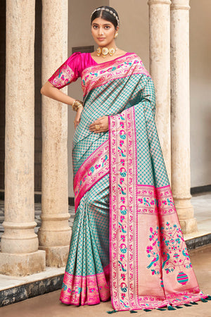 Turquoise Blue Banarasi Saree