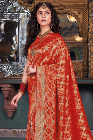 Vermillion Red Bandhani Design Banarasi Saree