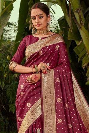 Wine Red Zari Weaved Banarasi Saree