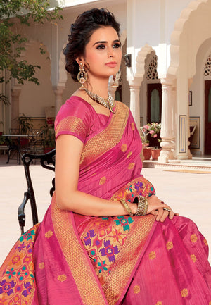Wineberry Pink Zari Woven Banarasi Saree
