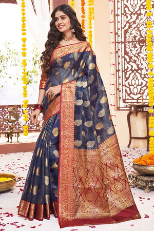 Yale Blue Zari Woven Banarasi Saree