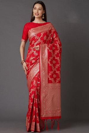 Zari Woven Carmine Red Banarasi Saree